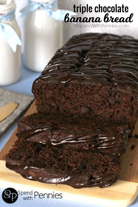 If you love chocolate, you're definitely going to LOVE this Triple Chocolate Banana Bread!  With a triple load of chocolate, it's deliciously decadent and easy to make! Triple Chocolate Banana Bread, Spend With Pennies, Dessert Aux Fruits, Chocolate Banana Bread, Monkey Bread, Triple Chocolate, Awesome Cakes, Dessert Bread, Banana Recipes