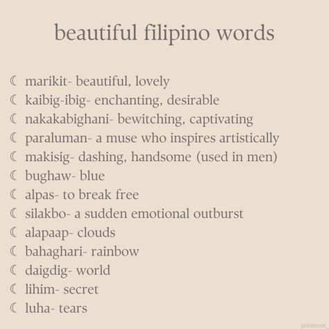 Filipino Phrases Tattoo, Filipino Beautiful Words, Tagalog Vocabulary Words, Aesthetic Filipino Words, Beautiful Tagalog Words With Meaning, Filipino Words And Meanings, Filipino History Aesthetic, Tagalog To English Words, Uncommon Filipino Words