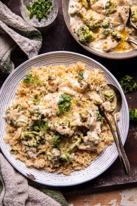 Crockpot Creamy Broccoli Cheddar Chicken. - Half Baked Harvest One Pan Dinners Stovetop, Minimum Ingredient Dinners, Parmesan Ranch, Bake Dinner, Cheddar Recipes, Broccoli Cheddar Chicken, Half Baked Harvest Recipes, Baked Apple Recipes, Creamy Broccoli