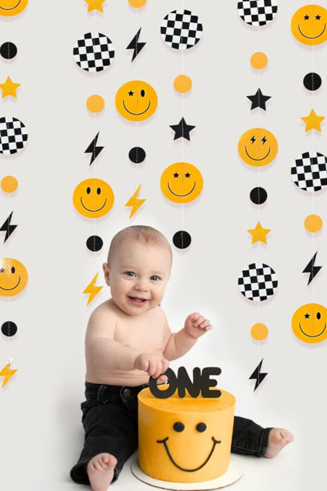 Fun 'One Happy Dude' Garland Streamer for a Boy's 1st Birthday One Happy Dude Colorful, Lightning Bolt Birthday Party, One Happy Dude Birthday Pictures, One Happy Baby First Birthday Girl, Smiley Face One Year Birthday, One Happy Year Birthday, Happy Face First Birthday, Smiley 1st Birthday, One Happy Dude Birthday Photoshoot