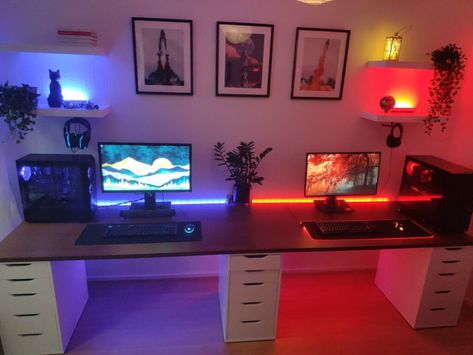 Double Gamer Room, Double Gaming Setup, Gameing Set Up, Office And Game Room Combo, His And Hers Gaming Room, Design Gaming Room, Couple Gaming Room Setup, Gamers Aesthetic, Game Night Aesthetic