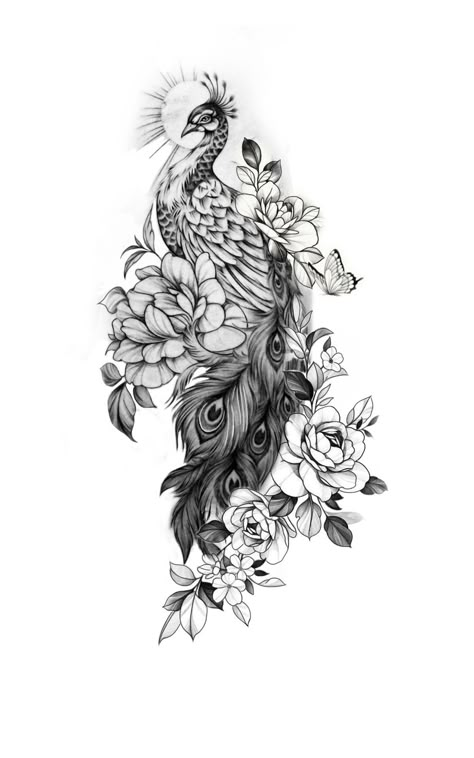 Peacock Sleeve Tattoo Women, Peacock Tattoo Drawing, Tattoo Cover Up Ideas Big, Large Peacock Tattoo, Peacock Tattoo With Flowers, Good Cover Up Tattoos Ideas Thigh, Peacock Leg Tattoos Women, Peacock With Flowers Tattoo, Peacock Tattoo Stencil