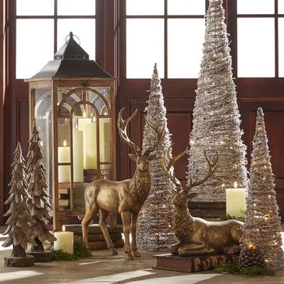 REINDEER RIDGE | Shop Sales Events Antique Farmhouse Christmas Deer Display, Cone Trees Christmas Decorating Ideas, Living Room Centerpiece Ideas, Rustic Christmas Centerpieces For Table, Woodland Theme Christmas Tree, Christmas Vignettes Display, Christmas Table Centerpieces Elegant, Modern Rustic Christmas Decor, Rustic Glam Christmas Tree