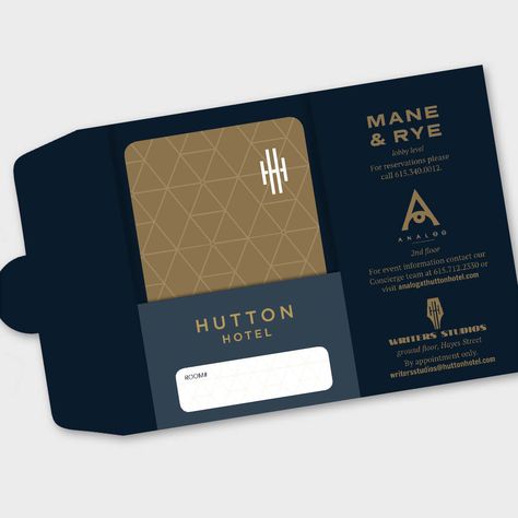 Customized hotel key card and holder designed for Hutton Hotel in Nashville. Vip Card Design, Hotel Key Cards, Hotel Card, Brochure Design Creative, Credit Card Design, Voucher Design, Member Card, Vip Card, Welcome Card