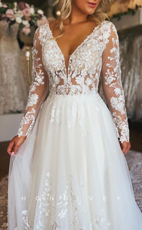 H1638 - Chic Tulle A-Line V-Neck Long Sleeve Illusion Empire Lace Applique With Tulle Train Wedding Dress - Custom color -  #ALine #applique #Chic #Color #Custom #Dress #Empire #H1638 #Illusion #Lace #Long #Sleeve #Train #Tulle #Vneck #Wedding Wedding Dress Bigger Women, Flowy A Line Wedding Dress With Sleeves, Long Sleeve Country Wedding Dress, Deep V Long Sleeve Wedding Dress, Empire Line Wedding Dresses, Long Sleeve Wedding Dresses With Floral Embroidery, Wedding Dress Plus Size Sleeves, Long Sleeve Wedding Dress A Line, Vintage Lace Wedding Dress With Sleeves