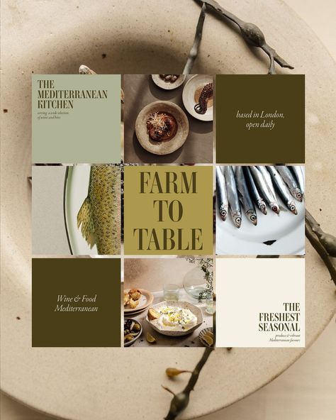 Farm to table is a shared dining experience nestled in London. Dishes are inspired by the Mediterranean kitchen. The restaurant is looking for a new brand identity that showcases their unique dishes. #modernbrieffarmtotable #branding #brandinginspiration #brandingagency #brandingstudio #brandingstrategy #restaurantbranding #brandingdesign #foodbranding #brandingstudio #mediterranean #fresh #graphicdesign #brief #challenge #restaurant #logodesigner #designer #design #graphicdesigncommunity #c... Food Portfolio Design, Catering Graphic Design, Country Branding Design, Farmers Market Website, Mediterranean Branding Design, Food Blog Branding, Farm Restaurant Design, Mediterranean Restaurant Branding, Color Palette Restaurant