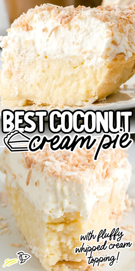 Close up shot of a slice of Coconut Cream Pie on a plate. Easy Coconut Cream Pie, Coconut Creme Pie, Coconut Cream Pie Easy, Best Coconut Cream Pie, Coconut Pie Recipe, Coconut Poke Cakes, Cream Pie Filling, Coconut Cream Pie Recipes, Homemade Pie Crust Recipe