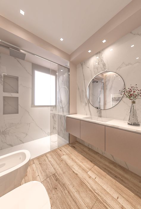 Bathroom Ideas White Marble, Natural Colors Bathroom, Bathroom Ideas Beachhouse, Walkin Shower Bathroom Ideas, Modern Bathroom 2023, Kupatilo Ideas, Bathroom Porcelanosa, Marble And Wood Bathroom, Bathroom Wood Floor