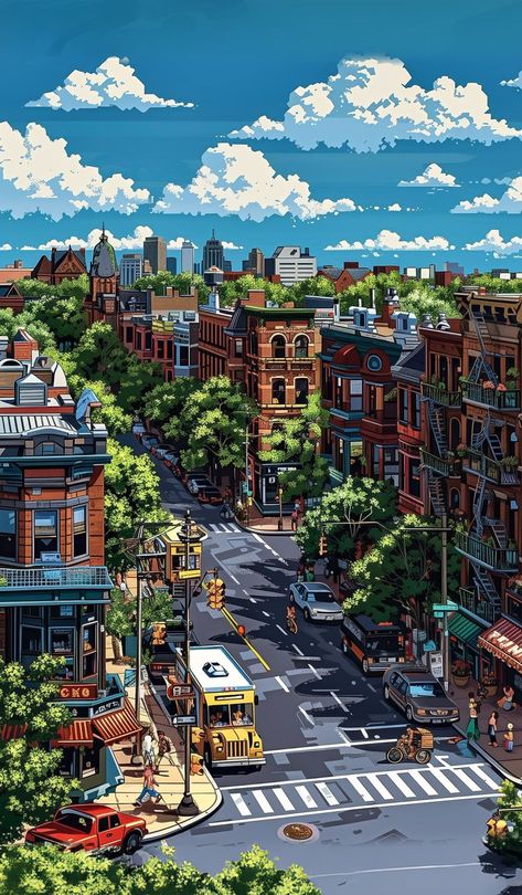 Illustration City, Pixel Art Landscape, Art Place, Dreamy Artwork, Building Illustration, City Drawing, City Illustration, Cool Wallpapers Cartoon, Cool Wallpapers Art