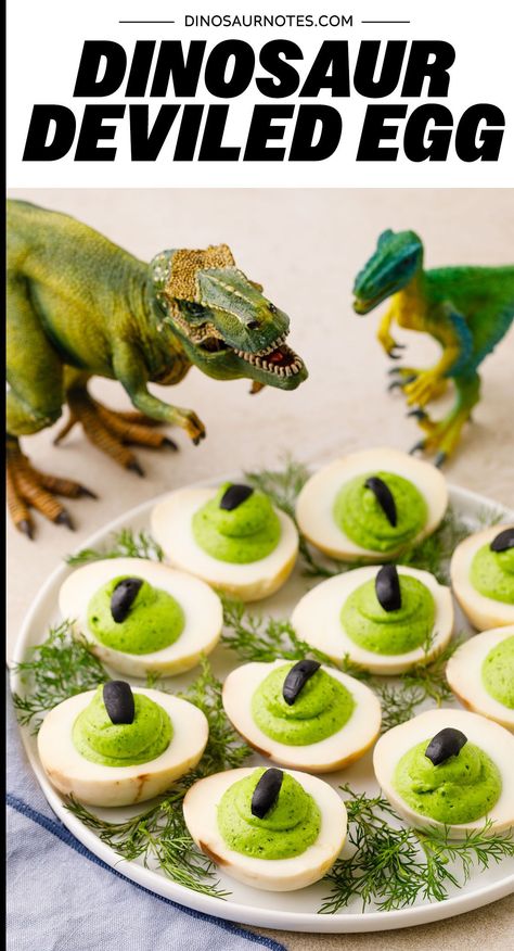 Whip up these Dinosaur Deviled Eggs for an easy dinosaur themed appetizer or snack! Simple, quick, and SO YUMMY. Dino Food Party, Dino Deviled Eggs, Dinosaur Themed Meals, Dino Birthday Party Food Dinosaur Snacks, Dinosaur Deviled Eggs, Jurassic Park Food Ideas, Jurassic Park Themed Food, Dinosaur Baby Shower Food Ideas, Dinosaur Fruit Tray