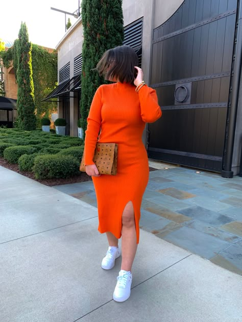 Long Bodycon Dress Outfit Casual Sneakers, Midsize Knit Dress, Orange Knit Dress Outfit, Orange Dress Fall Outfit, Sweater Dress Outfit With Sneakers, Fitted Dress With Sneakers, Dresses With Sneakers Outfit, Dress With Shirt Over It, Fall Dress Outfit Casual