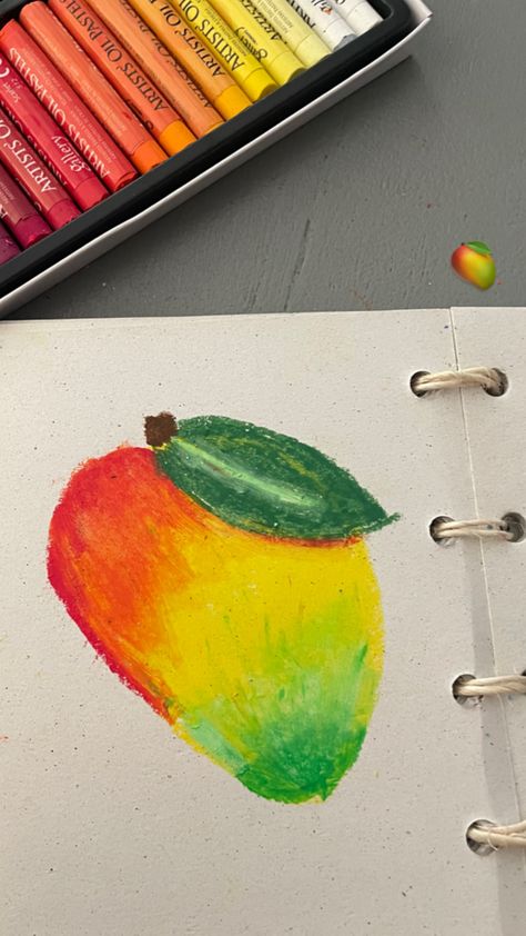 Mango Oil Painting, Easy Drawings Crayons, Easy Crayon Painting Ideas, Mango Oil Pastel Drawing, Crayola Crayon Drawing Ideas, Oil Pastel Art For Beginners Tutorial, Crayon Art Aesthetic, Oil Pastel Food, Mango Drawings