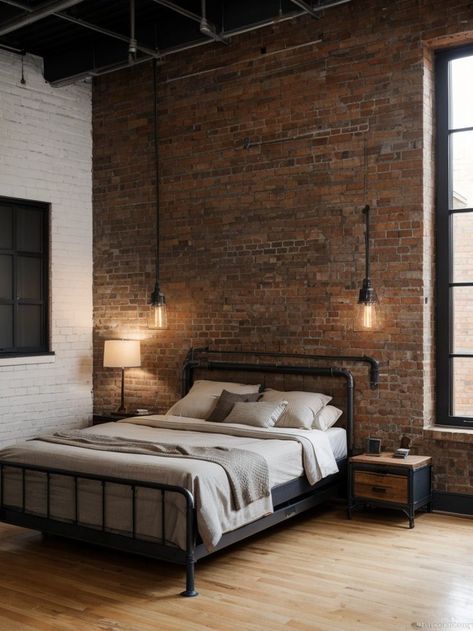 Industrial bedroom ideas with exposed brick walls, metal accents, and utilitarian decor #BedroomIdeas #BedroomDesign Brick Bedroom, Industrial Style Bedroom, Industrial Bedroom Design, Grey Bedroom Furniture, Masculine Bedroom, Industrial Bedroom, Bedroom Bliss, Industrial Interior Design, Urban Loft