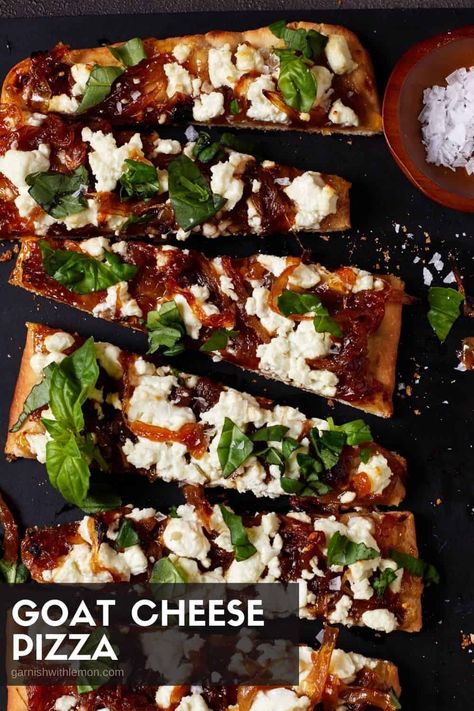 Everyone loves pizza, but creamy goat cheese, silky smooth caramelized onions, subtly sweet fig jam and fresh, fragrant basil make an especially addictive combo. Enjoy restaurant quality flavor at home with this easy goat cheese pizza recipe! Goat Cheese Pizza Balsamic, Apple Goat Cheese Pizza, Pesto Goat Cheese Pizza, Fig Jam Pizza, Goat Cheese Fig Jam, Goat Cheese Pizza Recipes, Fig Flatbread, Pizza With Goat Cheese, Fig Pizza