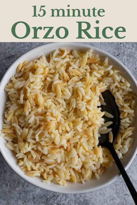 Orzo Rice is perfect for making orzo salad, or for using in place of plain orzo pasta or plain rice. It take just 15 minutes to cook, and you only need 4 pantry-staple ingredients. Orzo is toasted until golden, and then cooked in vegetable broth with rice for a flavorful side dish. This combination of pasta and rice is comforting, and versatile. Orzo And Rice Recipes, Toasted Orzo Recipe, Arborio Rice Recipes, Orzo Side, Toasted Orzo, Orzo Recipes Side, Orzo Rice, Easy Orzo, Teriyaki Rice