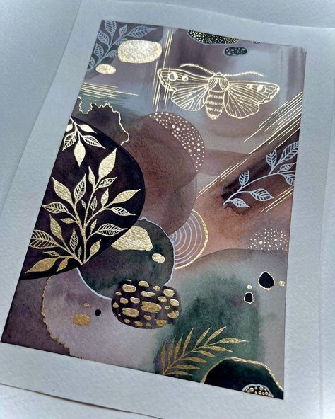 Alcohol Ink Bookmarks, Pen Sketchbook, Painted Bookmarks, Paintings Tutorials, Linear Art, Acrylic Painting Ideas, Art Teaching, Leaf Painting, Gold Painting