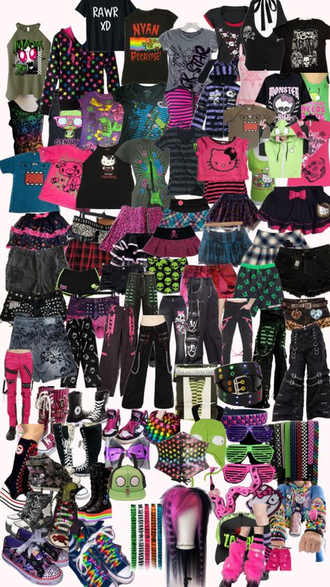 #scene #scenecore #emo #colors #Kandi #rainbow #gir #clothes #tops #bottoms #closet #shoes #dream #scenepop #pop #trending #pintrest #save #monster #hellokitty #hastag #Asthetic #asthetics #pintrest Scene Core Outfit, Scenecore Aesthetic Outfit, Scenecore Fashion, Scenecore Clothes, Scenecore Outfit, Dark Decora, Levi Cosplay, Goth Fits, Closet Shoes