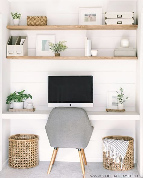 Floating Desk With Monitor, Diy Floating Desk Ideas, White Walls White Floating Shelves, Floating Shelves Office Desk, Styling Floating Shelves Office, 3 Floating Shelves Office, Office Nook Ideas Small Workspace Built Ins, Desk Shelf Styling, White Floating Shelves Office