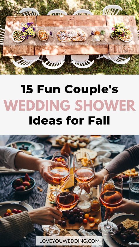 Couple’s Shower Ideas, Fall In Love Couples Shower Ideas, Couple Bridal Shower Themes, Fall Couples Shower Decorations, Bridal Shower Ideas For Couples, Wedding Shower For Groom, Fall Themed Wedding Shower Ideas, Wedding Showers For Couples, Grooms Shower Ideas