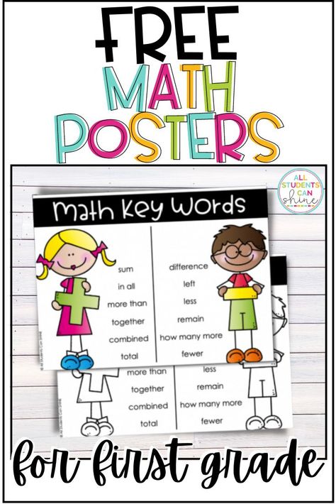 Math Words For Operations, Kindergarten Math Posters, Math Free Printables, Teaching Math Word Problems, Math Key Words, Math Strategies Posters, Math Classroom Posters, Free Math Printables, Math Posters