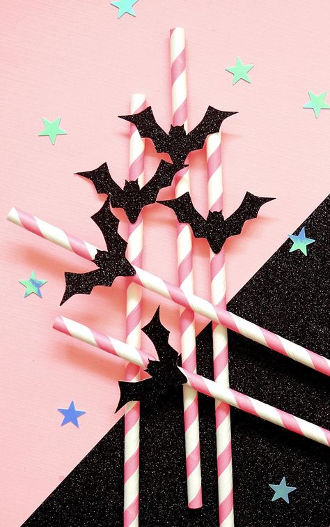 Pink Halloween Paper Straws| Black Glitter Bat Party Straws| Pink And Black Halloween Paper Straws Halloween Party Pink And Black, Pink Black Halloween Decor, Pastel Goth Party Decor, Pink And Purple Halloween Party, Black And Pink Halloween Baby Shower Ideas, Pink And Orange Halloween Party, Black And Pink Halloween Decorations, Girly Halloween Party Decorations, Colorful Halloween Party