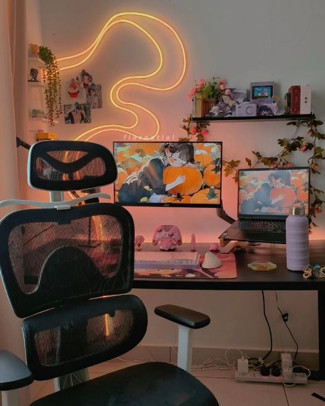 . comfort 🧸☁️ drop a follow for more desk setup, desk inspo, cozy setup, cozy vibes, aesthetic, cozy gamer, purple setup content ✧ use my code "flarestial" to get 10% off at checkout! #deskinspo #desksetup #cozysetup #cozygamergirl #gamergirlsetup #deskspace #MUSSO #MUSSOE600 #ErgonomicLiving #HealthyPosture #WorkFromHome Essentials #ComfortAndStyle Colorful Pc Setup, Streamer Desk Setup, Setup Gamer Aesthetic, Cozy Gaming Desk, Purple Setup, Office In Home, Cozy Vibes Aesthetic, Desk Setup Aesthetic, Cozy Setup