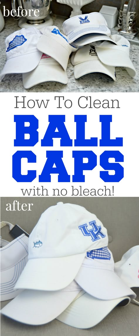 How To Clean Ball Caps easily. Got dirty ball caps or golf hats? It's super easy to clean them and remove sweat stains and dirt with no bleach at all!… Clean Ball Caps, Cleaning Hats, Hat Cleaning, Homemade Toilet Cleaner, Clean Baking Pans, Cleaning Painted Walls, How To Wash Hats, Glass Cooktop, Deep Cleaning Tips