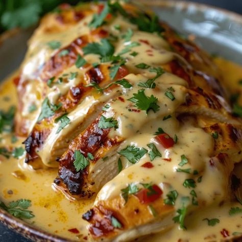 Mexican Chicken with Cheese Sauce – A Fiesta on Your Plate! - MmmRecipes : Easy and Delicious Recipes Baked Chicken Recipes Mexican, Easy Pollo Con Queso, Delicious Dinner Recipes Chicken, Meals With Sauce, Chicken For Mexican Dishes, Mexican Smothered Chicken, Fancy Dinner Recipes Chicken, Quick Stovetop Chicken Recipes, Semi Healthy Dinner Recipes