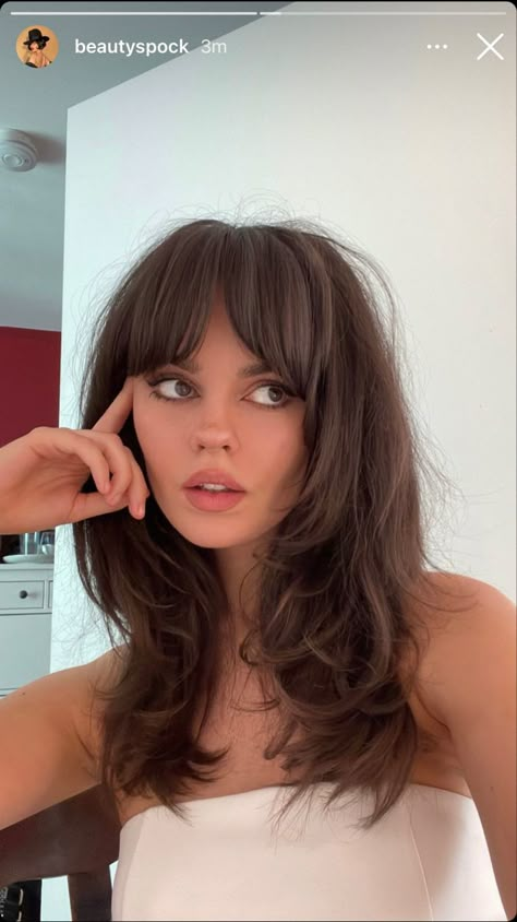 Long Haircut With Bangs And Layers Round Face, French Bombshell Haircut, 70s Bangs Haircut, Medium Length 70s Hair, Chocolate Brown Shag Hair, Wispy Front Layers, Medium 70s Hair, 90s Supermodel Bangs, Wispy Bangs Shaggy Hair