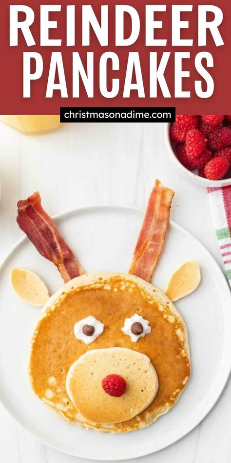 Get into the holiday spirit with these adorable Homemade Reindeer Pancakes. Delicious and easy to make Christmas morning breakfast. Make special memories with the kids this holiday and make this Reindeer Pancakes. The kids will love to decorate the pancakes. #christmasonadime #reindeerpancakes #christmaspancakes #christmasmorningbreakfastrecipe Reindeer Pancakes Kid, Reindeer Pancakes, Pancakes For Kids, Reindeer Brownie, Holiday Pancakes, Xmas Brunch, Breakfast Calories, Christmas Pancakes, Kids Pancakes