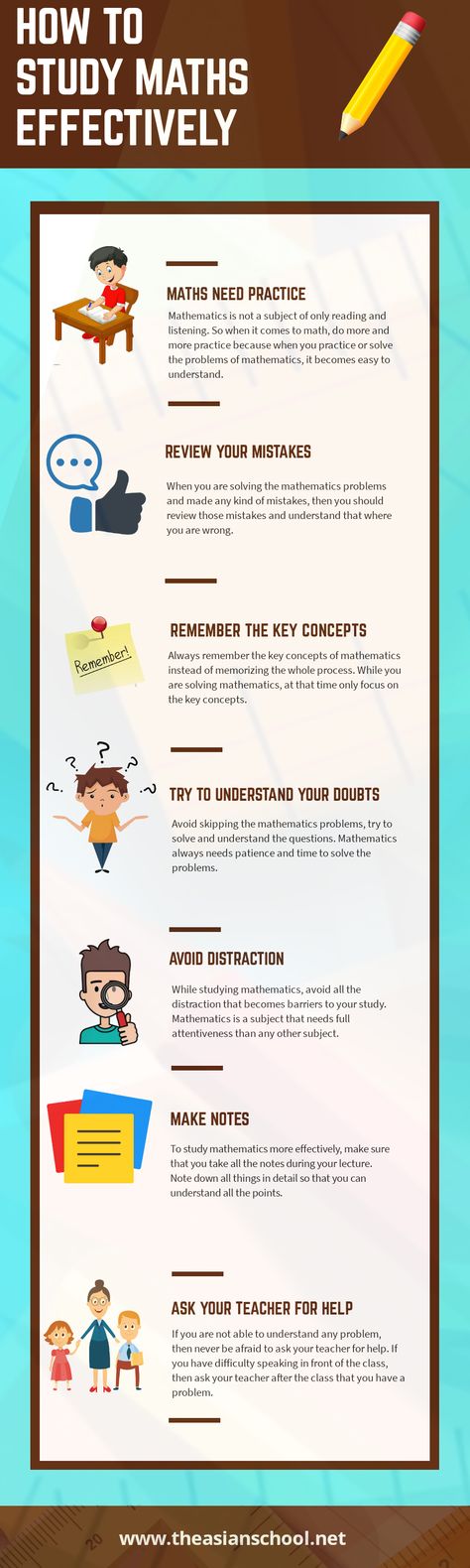 Mathematics is much different than the other subjects. It is considered one of the vital subjects for students.Read the infographic to know the best ways to study math effectively.   #theasianschool #educationinfographic #educationinfographics #studymath #math #students #studytips #educational #edtech #edchat #Needpractice #Reviewmistakes #Avoiddistraction #Makenotes #mathlover #understanddoubts Psychology Doctor, Study Tactics, Best Ways To Study, Study Maths, Math Formula Chart, Study Math, Formula Chart, Ways To Study, College Math