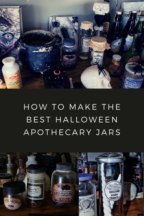 Haunted Apothecary Decor, Apothecary Diy Decor, Spooky Apothecary Decor, Apothecary Cabinet Halloween, Haunted Apothecary, Gothic Apothecary Aesthetic, Diy Specimen Jars, Diy Oddities Decor, Apothecary Halloween Decor