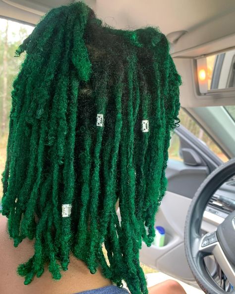 Dyed Locs Green, Green And Blonde Locs, Green Soft Locs, Green Butterfly Locs, Split Dyed Locs, Green Faux Locs, Green Locs Black Women, Dark Green Locs, Dyed Hair Locs