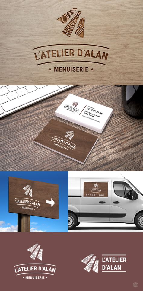 Logo, carte de visite et panneaux pour l'Atelier d'Alan - Menuiserie - AliceGraphiste AliceGraphiste Wood Logo Branding, Carpenter Logo, Wood Graphic Design, Wood Logo Design, Call Logo, Mm Logo, Inc Logo, Automotive Logo Design, Banks Logo