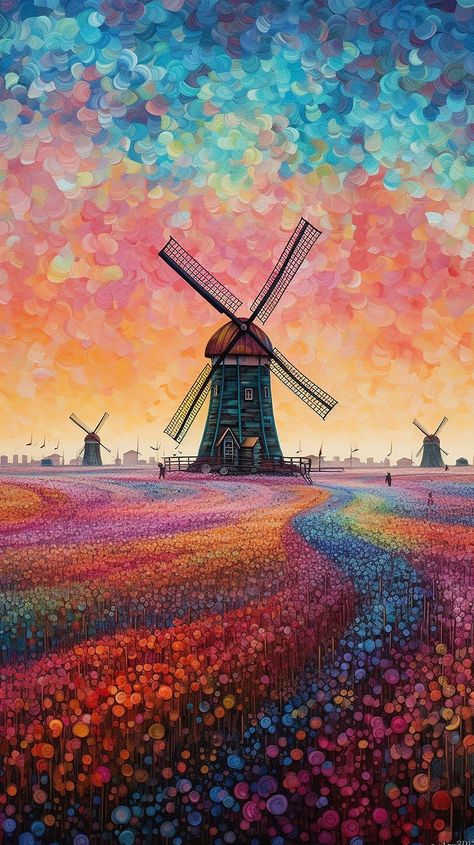 tulip Fields in Holland, windmill, art design, gemaakt van Midjourney Windmill Art Painting, Wind Mill Drawing, Windmill Drawing, Windmill Painting, Family Quilt, Farm Windmill, Windmill Art, Holland Windmills, Wind Mill