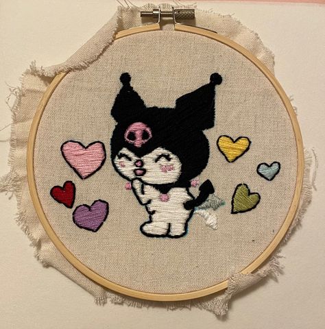 Embroidery Hello Kitty, Kuromi Cross Stitch Pattern, Kuromi Cross Stitch, Sanrio Embroidery, Kuromi Embroidery, Hello Kitty Embroidery, Kuromi Design, Hoop Wall Art, Embroidery Stitches Beginner