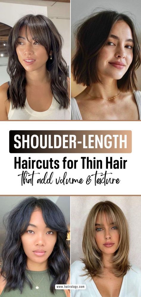 Haircut Asian Women Medium, Fine Hair Shoulder Length Haircut, Short Hair With Long Bangs And Layers, Thinning Hair Cuts For Women Medium, Thinning Hair Cuts For Women, Mid Length Thinning Hair Styles, Medium Cut For Thinning Hair, Just Below Shoulder Length Hair Haircuts, Long Bob For Thinning Hair