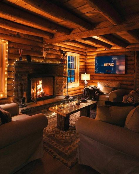 Living room - Netflix Cabin Fireplace, Log Cabin Living, Cabin Aesthetic, Cabin Living Room, Dream Cabin, Cozy Cabins, Cabin Home, Cabin Interiors, Cabin House