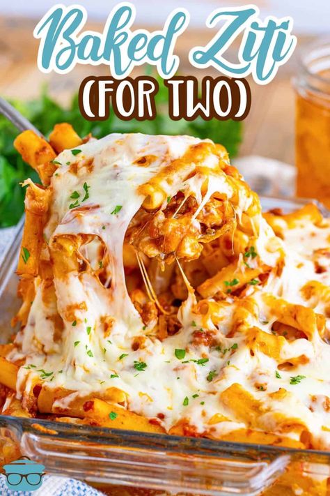 A serving utensil getting a large serving of Baked Ziti for Two out of a baking dish. Baked Ziti For Two, Dump And Bake Ziti, Ziti For Two, Small Dinner Ideas, Baked Ziti Casserole, Best Easy Meatloaf, Pasta For Two, Baked Mostaccioli, Baked Ziti With Ricotta