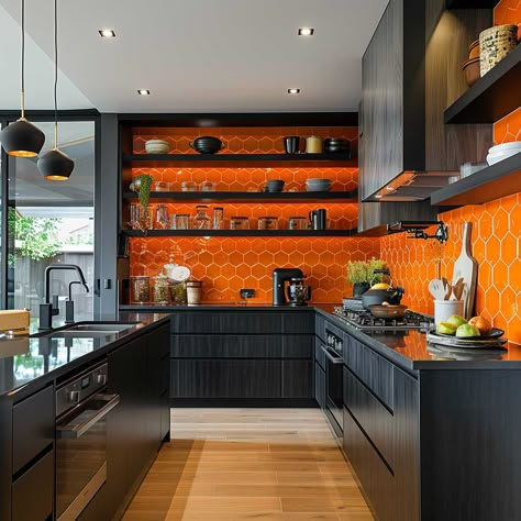 10+ Modern Kitchen Backsplash Tile Ideas in Orange • 333+ Art Images Orange And Wood Kitchen, Orange And Black Kitchen, Dark Orange Kitchen, Orange Backsplash Kitchen, Black And Orange Kitchen, Kitchen Tails, Orange Tile Kitchen, Blue Cabinets White Countertops, Orange Kitchen Backsplash