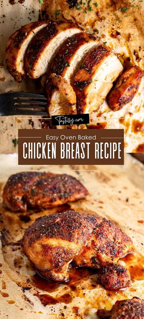 Easy Oven Baked Chicken Breast Recipe via @tastillyb Tasty Baked Chicken Recipes, Baked Chicken Breast Recipes Boneless, Oven Cooked Chicken Breast, Split Chicken Breast Recipes, Easy Oven Baked Chicken Breast, Oven Chicken Breast Recipes, Oven Bbq Chicken Breast, Golf Snacks, Roasted Chicken Breast Recipes