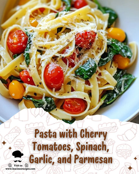 "Elevate your weeknight dinner with a vibrant pasta dish featuring juicy cherry tomatoes, fresh spinach, garlic, and Parmesan. Quick, delicious, and irresistibly comforting!" Pasta Cherry Tomatoes Spinach, Cherry Tomatoes And Pasta, Pasta Spinach Tomato Recipes, Pasta With Cherry Tomatoes And Basil, Pasta With Tomatoes And Spinach, Pasta With Spinach And Tomatoes, Pasta With Cherry Tomatoes, Lunch Dishes, Quick Lunch Ideas