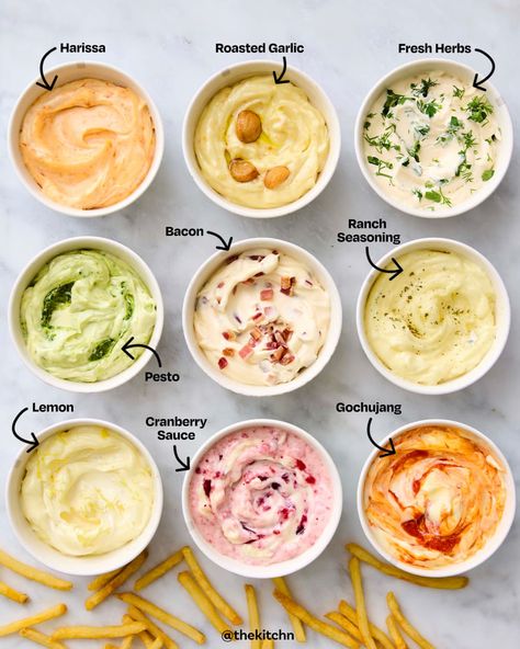 overhead labeled shot of 9 bowls of mayo mixed with different ingredients Pesto Mayo Recipe, Aioli Mayo, Mayo Sauces, Pesto Mayo, Bacon Seasoning, Lemon Pesto, Watercolor Food Illustration, Mayo Recipe, Mayo Sauce