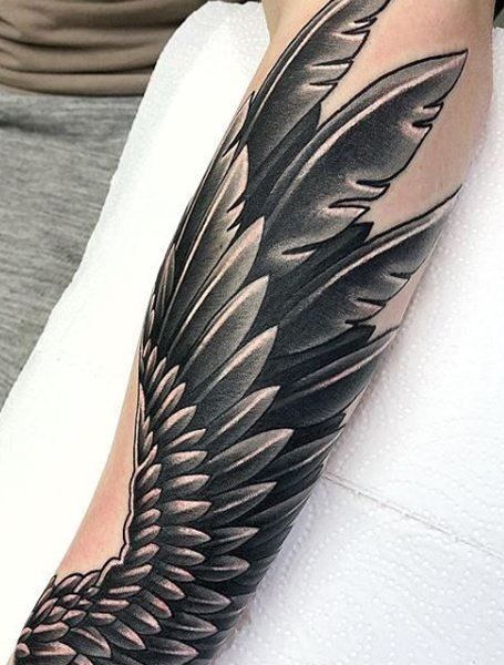 20 Cool Angel Wing Tattoos for Men in 2021 - The Trend Spotter Forearm Wing Tattoo, Wing Tattoo Arm, Angel Wing Tattoos, Wings Tattoo Meaning, Halo Tattoo, Alas Tattoo, Wing Tattoo Men, Wing Tattoos, Black And Grey Tattoo