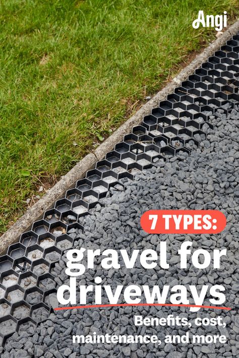 7 types of gravel for driveways with a background of gravel application Core Gravel Driveway, Gravel Driveway Extension, Concrete To Gravel Driveway Transition, Gravel Driveway Turnaround Ideas, Driveway Washout Solutions, Crushed Gravel Driveway, Crushed Rock Driveway, Gravel Grid Driveway, Driveway Reflector Ideas