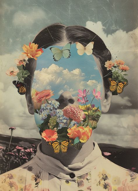 #SurrealCollageArt #Woman #BlueSky #Butterflies #Flowers #VintageCut-and-paste #PhotoMontage #Surrealist #19:26AspectRatio #TheCandie Juxtaposition Art, Fauna Photography, Walking Forest, Collage Food, Surrealist Photography, Surreal Flowers, Surrealism Collage, Intro To Art, Surrealist Collage