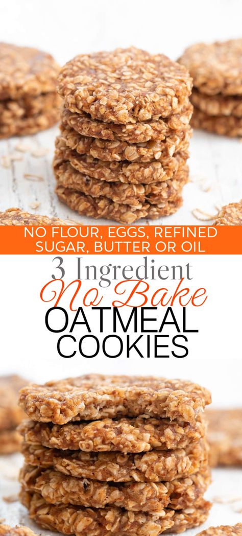 Healthy no bake oatmeal cookies that don't require any baking or cooking. These cookies are soft and chewy and just 3 ingredients. 3 Ingredient Cookies Recipes, 3 Ingredient Recipes No Bake, Oatmeal Cookies No Flour, No Bake Oatmeal Cookies, Cookies No Flour, Oatmeal No Bake, Bake Oatmeal, Oatmeal No Bake Cookies, No Bake Oatmeal