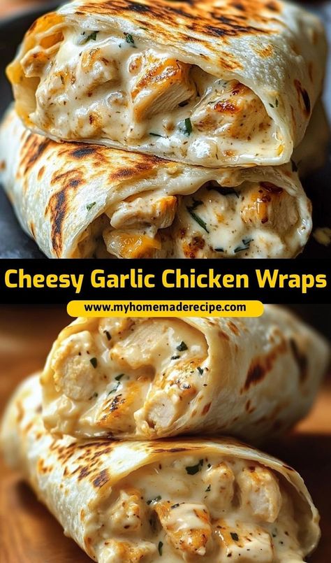 These cheesy garlic chicken wraps are the ultimate chicken wraps for lunch or dinner. Packed with garlic flavor and melted cheese, they’re the best chicken wraps for any meal Garlic Cheesy Chicken Wraps, Garlic Chicken Wrap Recipes, Also Dinner Ideas, Dinner Ideas Wraps, Cheesy Chicken Garlic Wrap, Cheese Garlic Chicken Wraps, Creamy Garlic Chicken Wraps, Chicken Wraps Dinner, Easy Good Meals Dinners