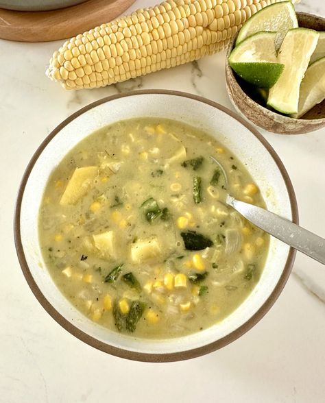 Creamy Roasted Poblano Soup Recipe (with Corn & Potatoes) Potato Poblano Soup, Roasted Poblano Soup, Poblano Soup Recipe, Recipe With Corn, Poblano Soup, Roasted Poblano Peppers, Roasted Poblano, Chile Poblano, Chili Stew