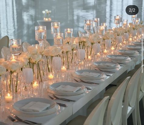 Floral Decor Ideas, Wedding Decor Romantic, Table Centerpiece Wedding, Rehearsal Dinner Decorations, White Wedding Decorations, Engagement Dinner, Long Tables, All White Wedding, Hilarious Photos